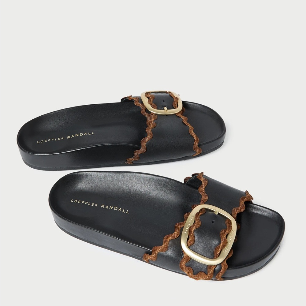 Loeffler Randall Black Leather Slide Sandals with Brown Trim & Gold Buckles